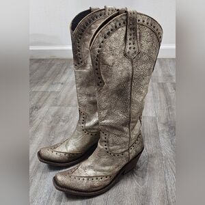 LIBERTY Black Metallic Gold Heeled Boots-Size 7.5